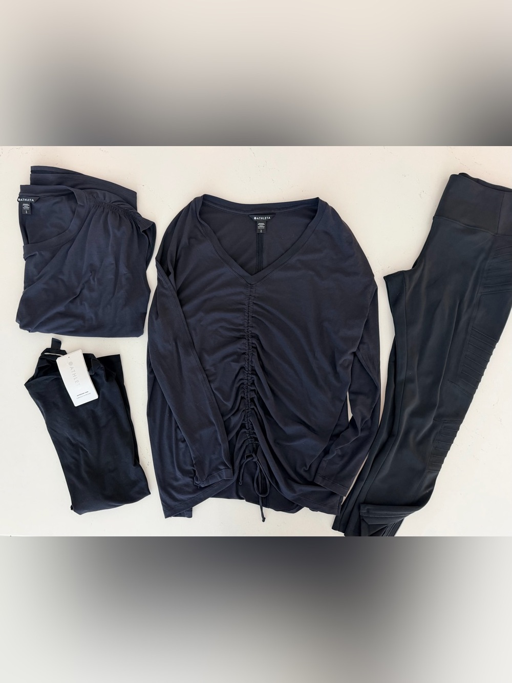 Athleta Black Ruched V-Neck Long Sleeve Top with Center Drawcord